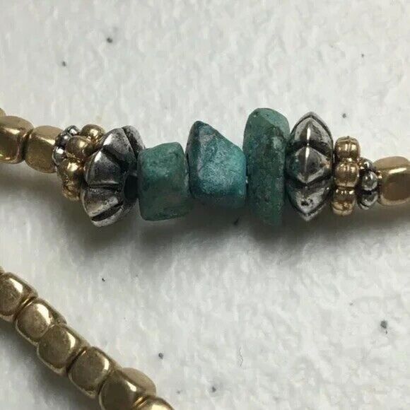 Tassel Necklace Gold Chain Silver Beaded Turquoise Color Stones Lava Beads - Picture 10 of 13